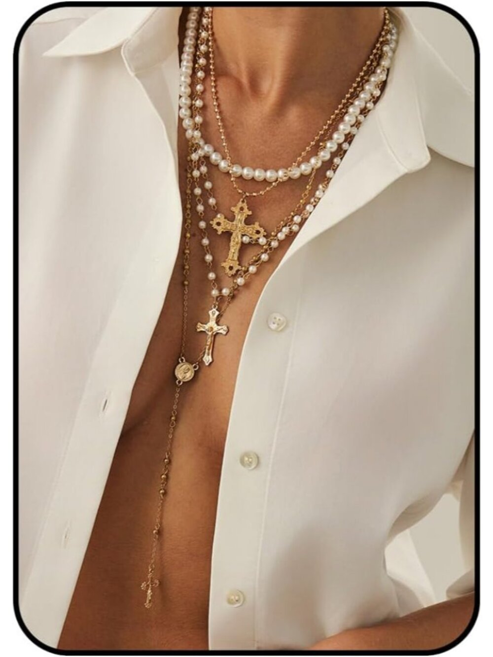 Silver Layered Cross Necklace Set For Women, 4Pcs Pearl Rosary Choker Chunky Chr